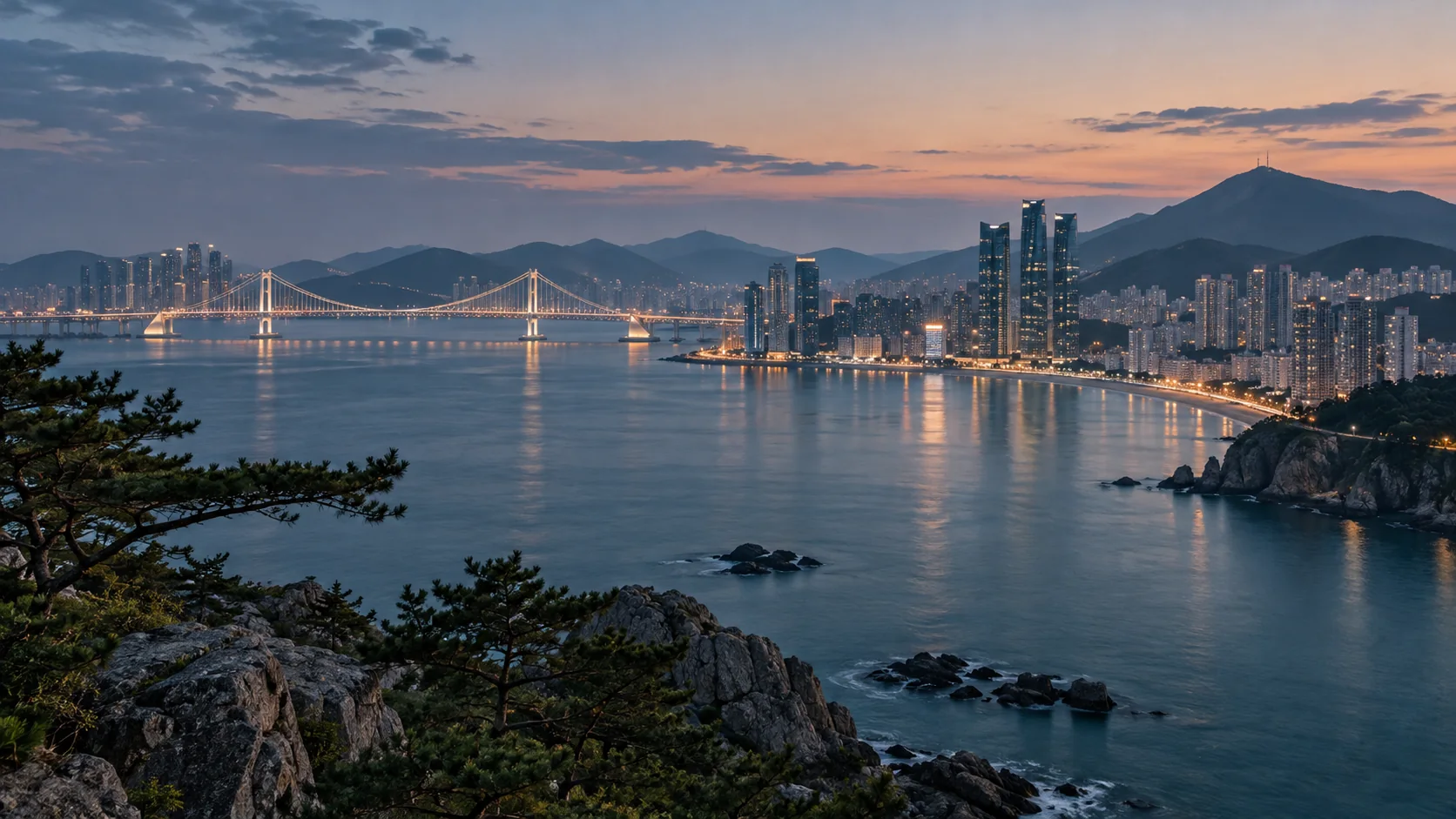 부산에서 영감을 받은 항구와 교량 야경의 AI 생성 풍경