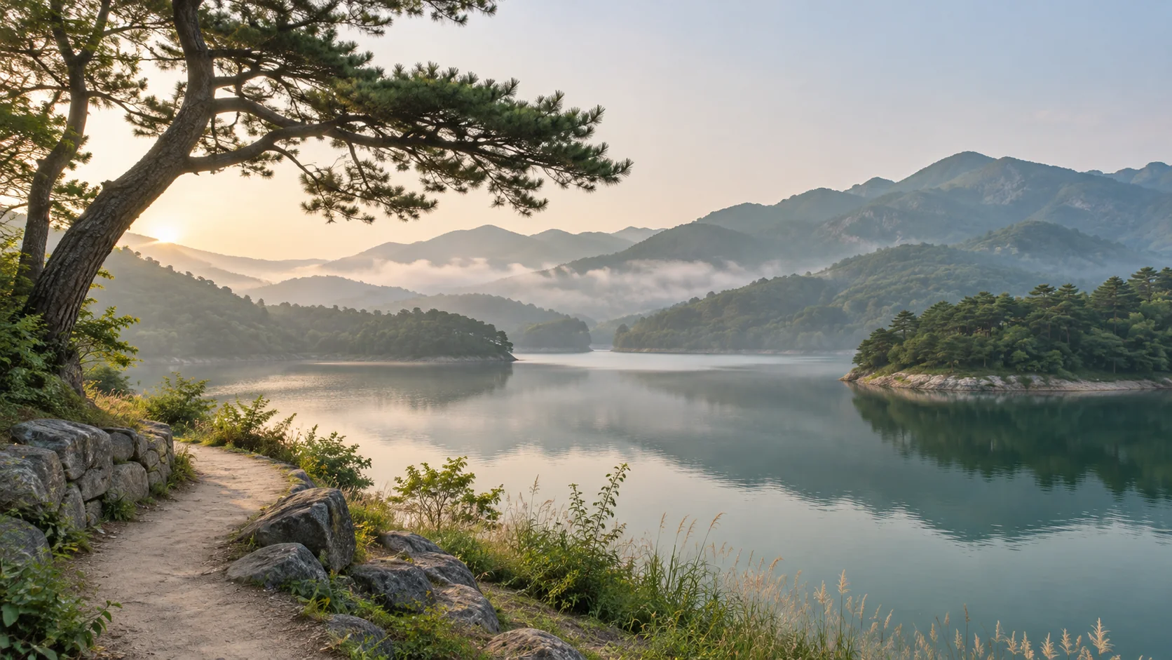 충청에서 영감을 받은 안개 낀 호수와 소나무의 AI 생성 풍경