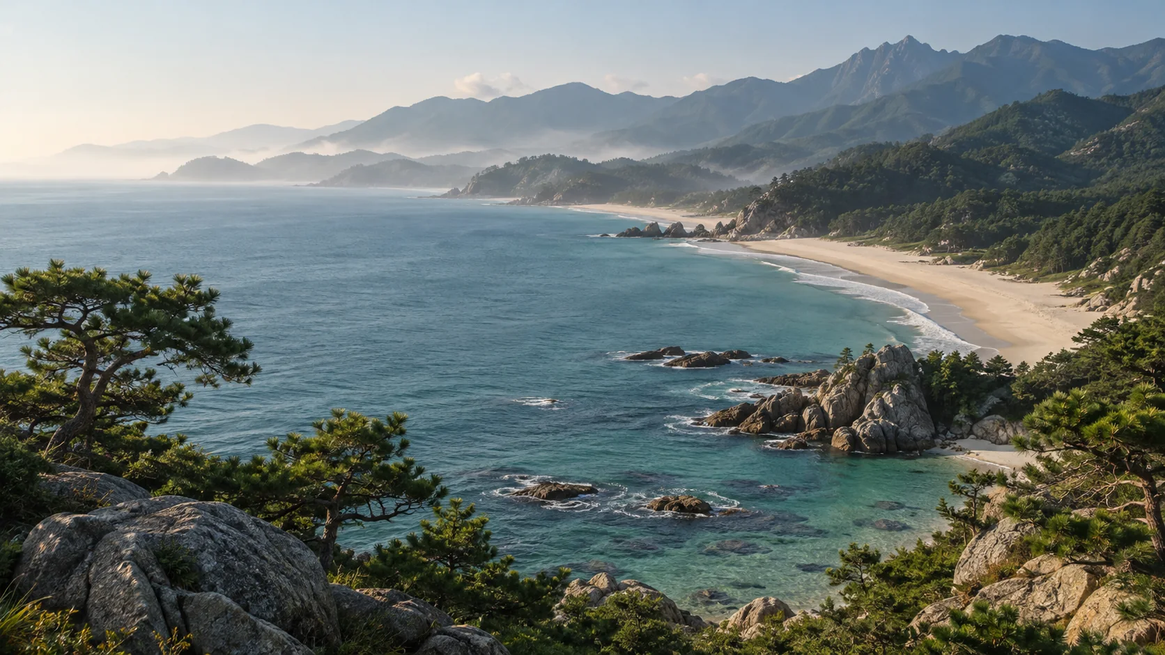 강원에서 영감을 받은 산과 동해 해안의 AI 생성 풍경