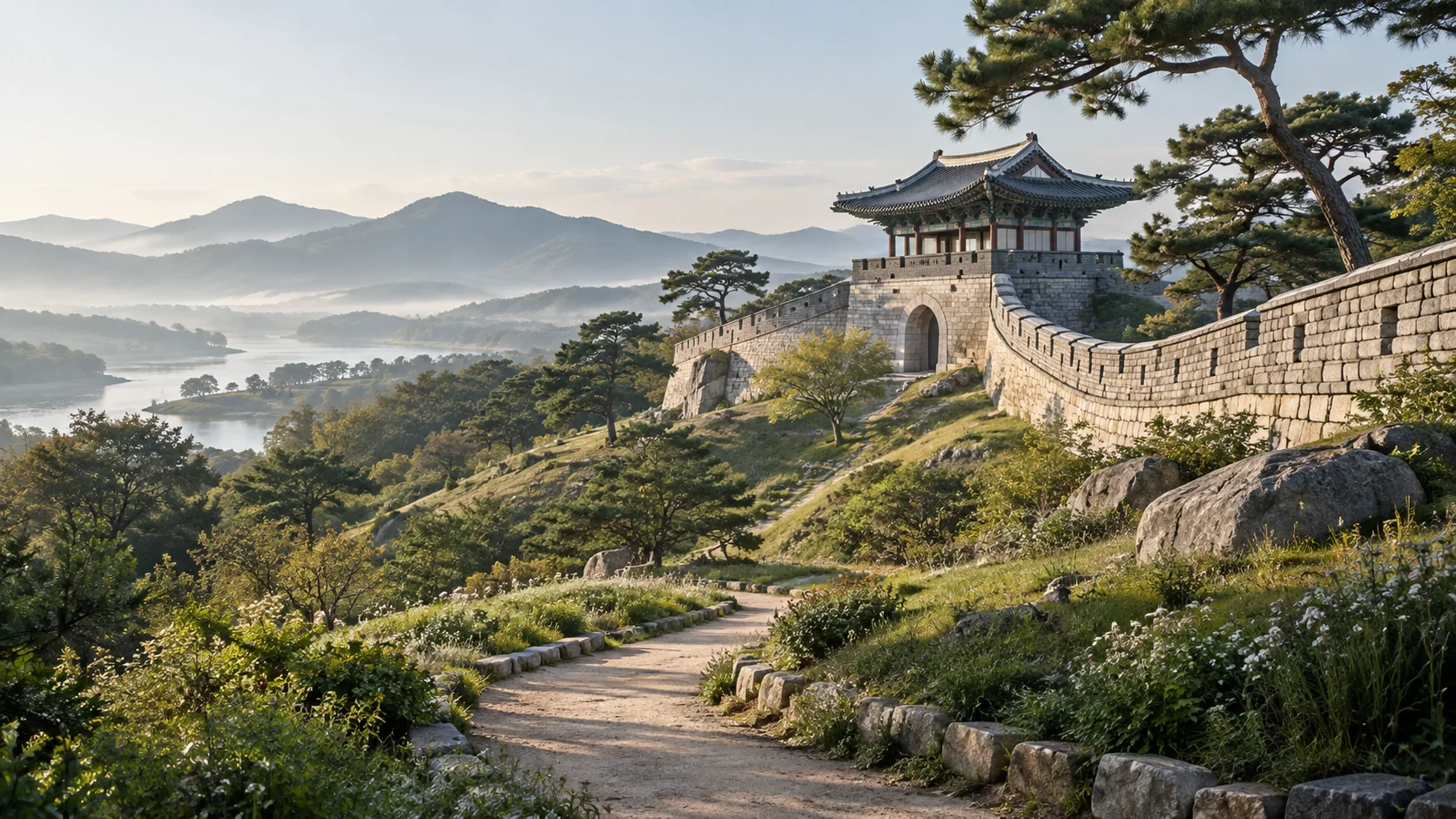 경기에서 영감을 받은 성곽과 정원의 AI 생성 풍경