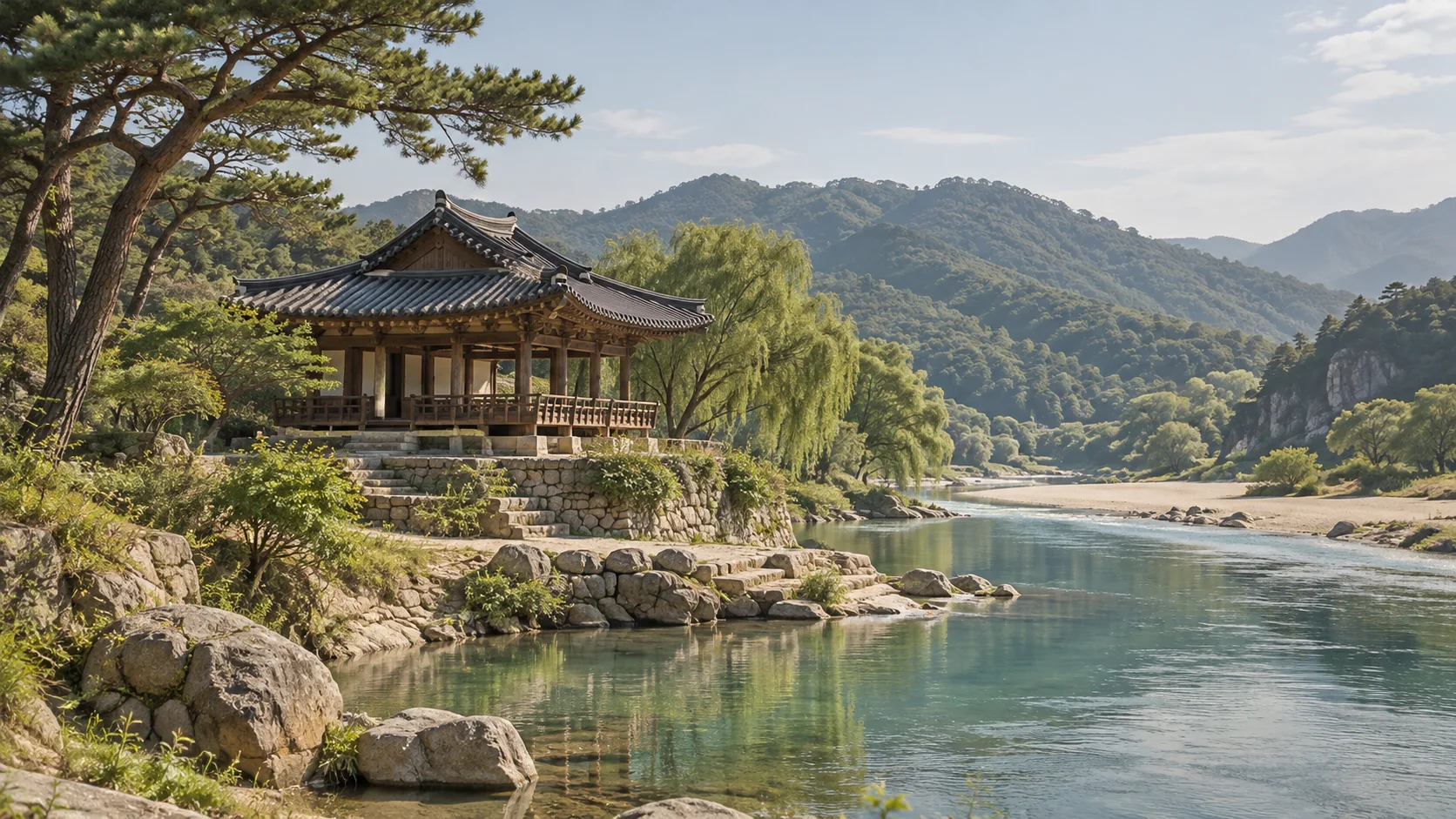 경상에서 영감을 받은 강변 전통 정자의 AI 생성 풍경