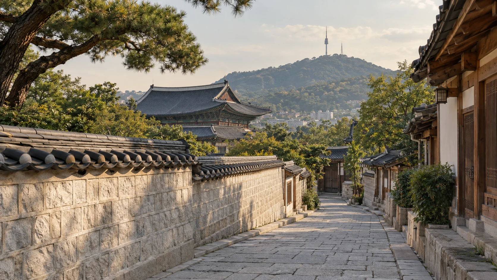 서울에서 영감을 받은 궁궐 담장과 한옥 골목의 AI 생성 풍경
