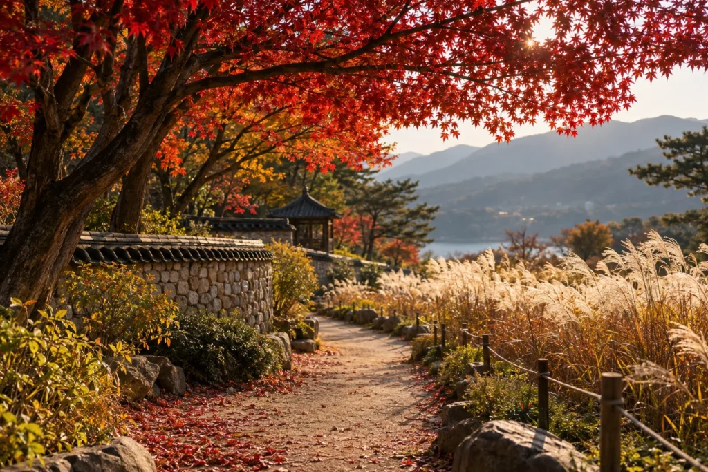 단풍과 갈대가 어우러진 가을 여행 AI 생성 콘셉트 이미지
