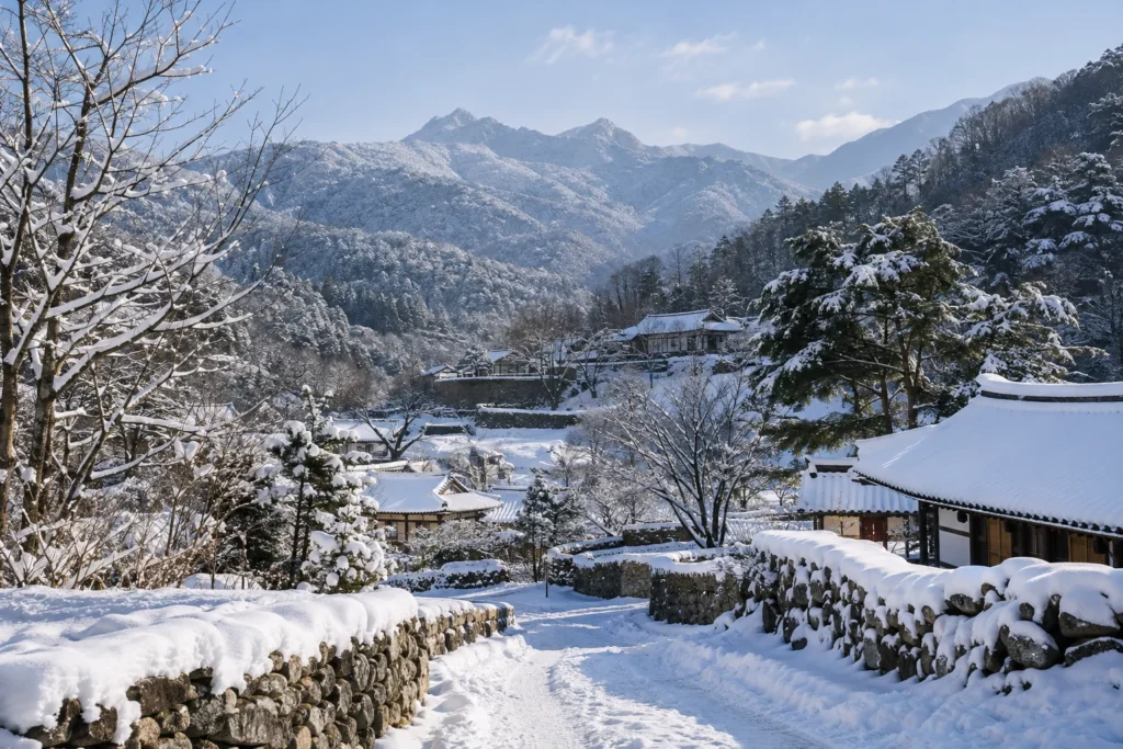 눈 덮인 산과 마을의 겨울 여행 AI 생성 콘셉트 이미지