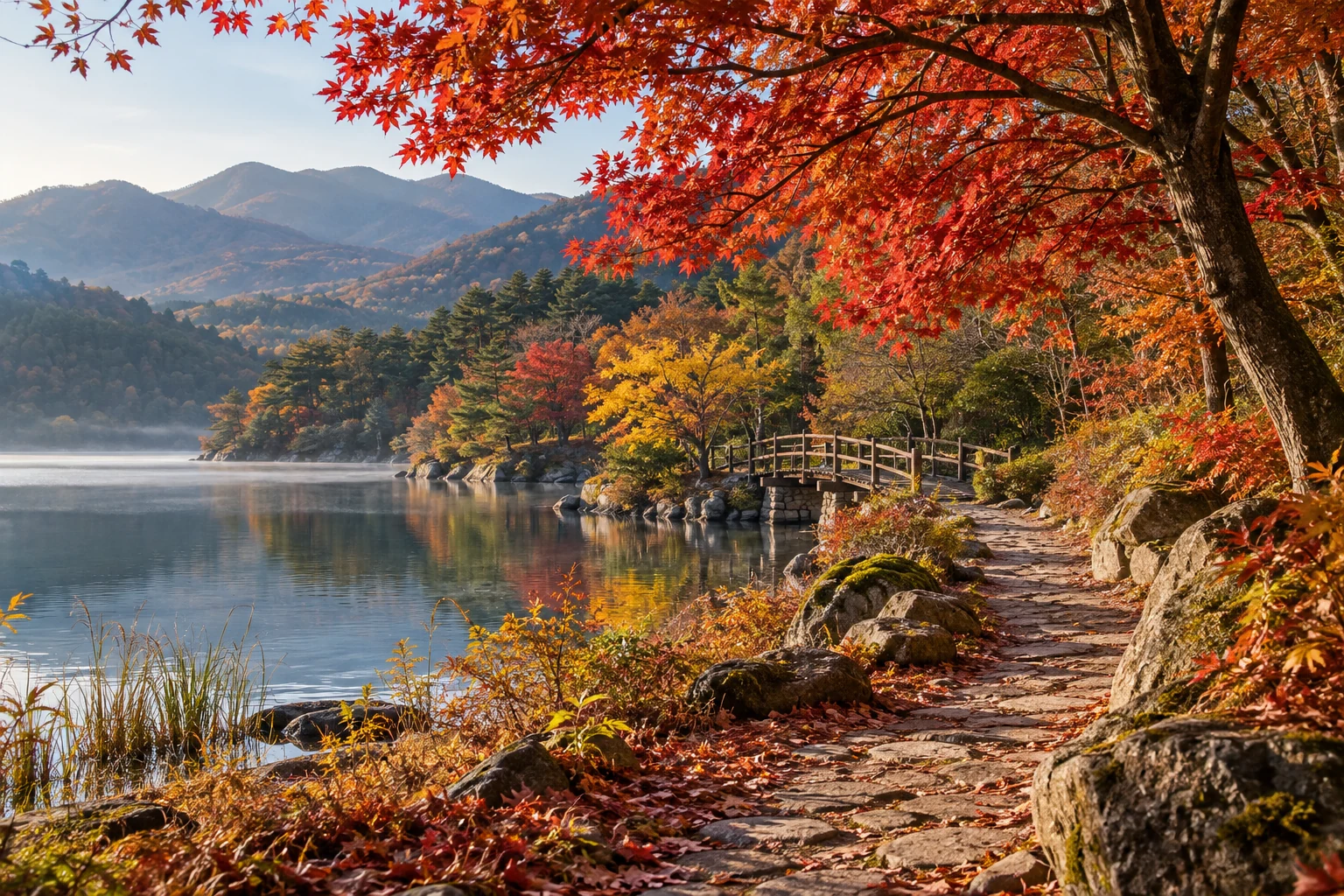 10월 말 단풍 여행: 색보다 먼저 맞춰야 할 시간과 동선 1 10월 말 붉고 황금빛으로 물든 호숫가 산책로와 낮은 산을 담은 AI 생성 여행 이미지