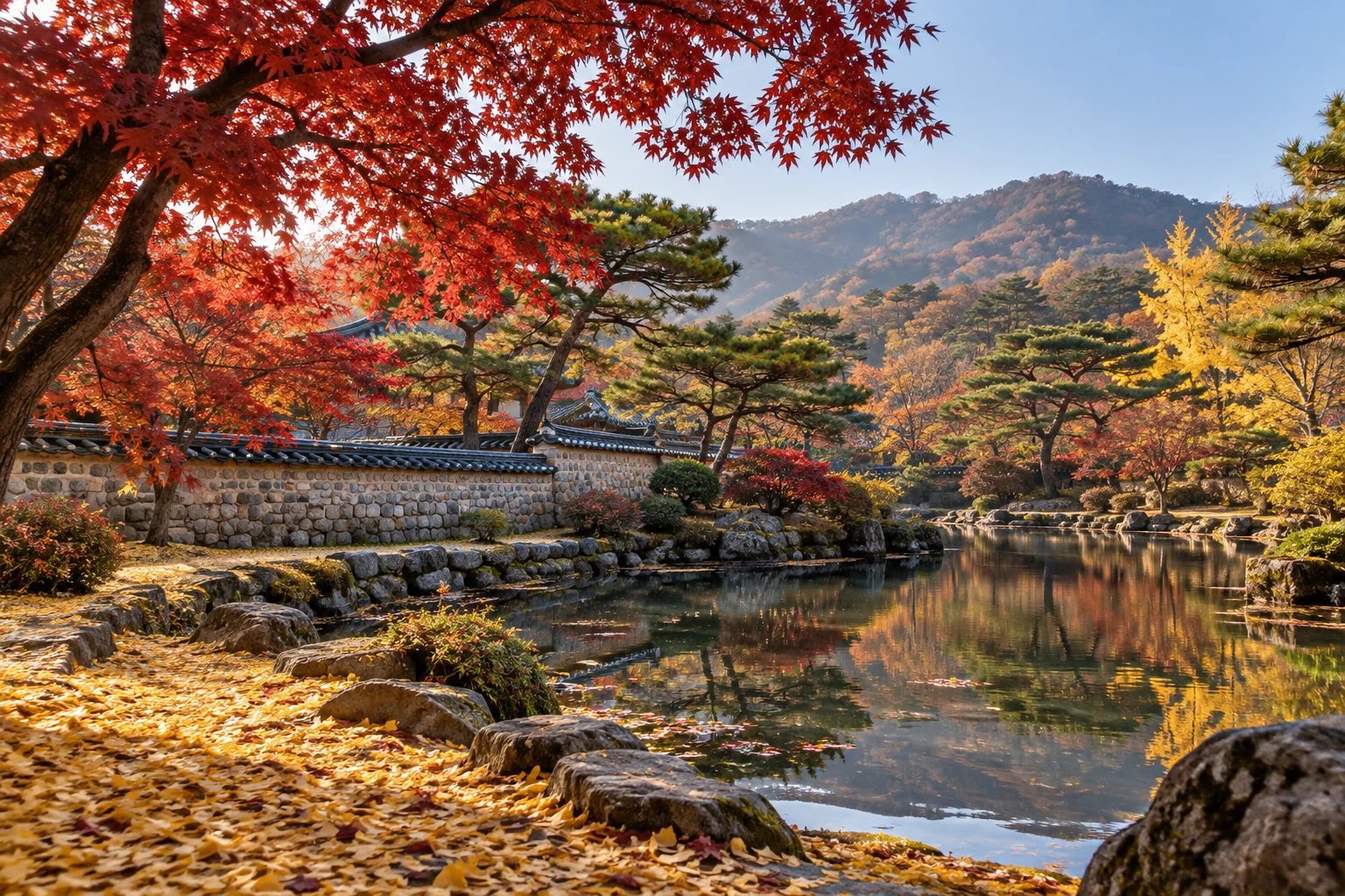 11월 남부 정원의 돌담과 연못 주변에 남은 붉은 단풍과 노란 은행잎을 담은 AI 생성 이미지